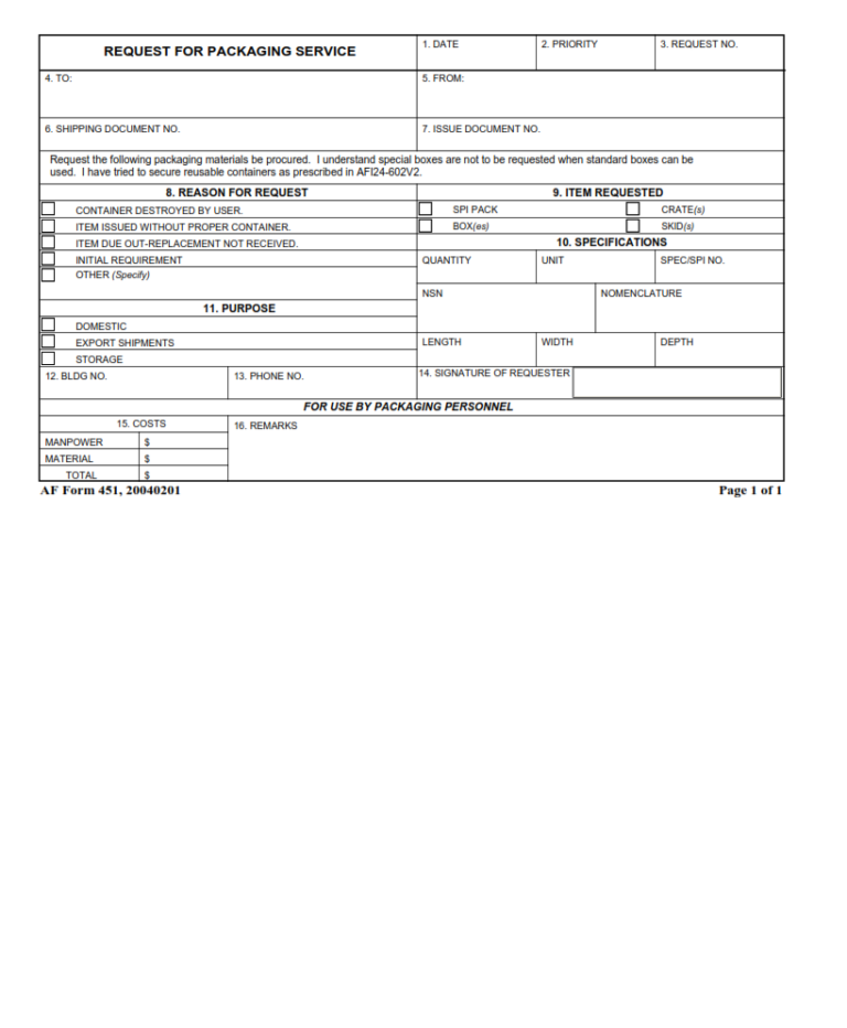 AF Form 451 – Request For Packaging Service | Finder Doc