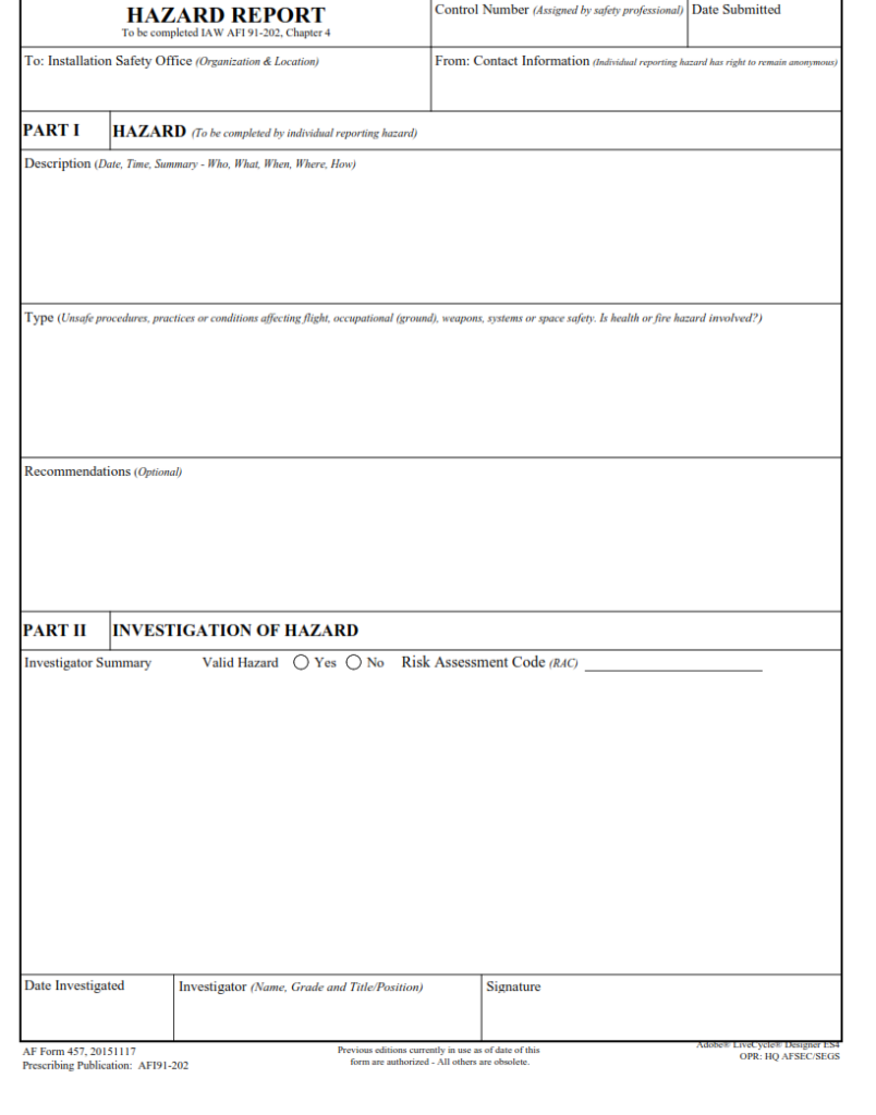 AF Form 457 – Usaf Hazard Report | Finder Doc