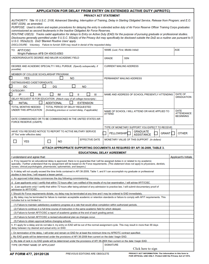 AF Form 477 - Application For Delay From Entry On Extended Active Duty