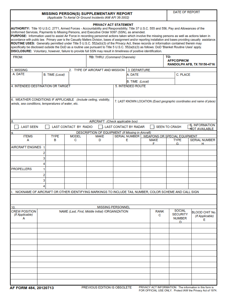AF Form 484 - Missing Person(S) Supplementary Report Page 1