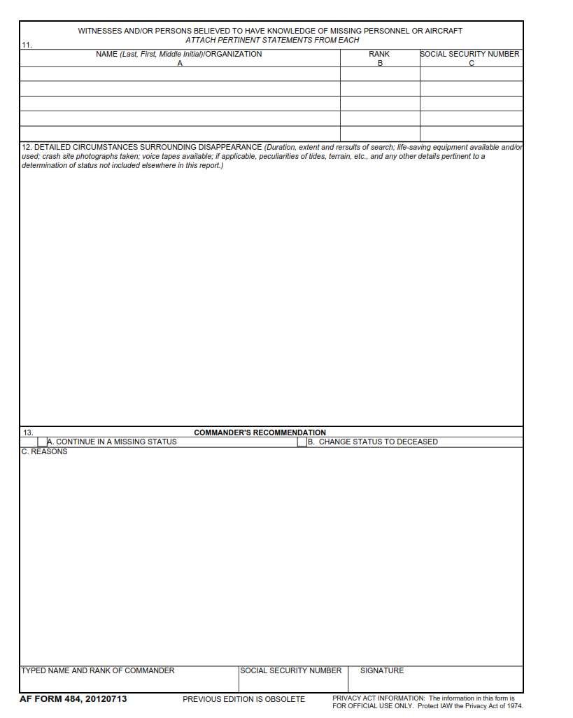 AF Form 484 - Missing Person(S) Supplementary Report Page 2