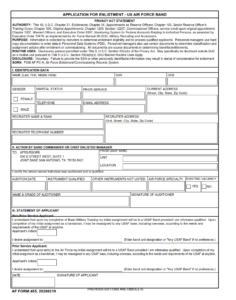 AF Form 485 - Application For Enlistment - Us Air Force Band Page 1
