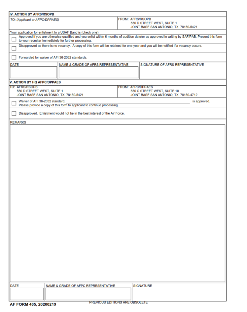 AF Form 485 – Application For Enlistment – Us Air Force Band | Finder Doc