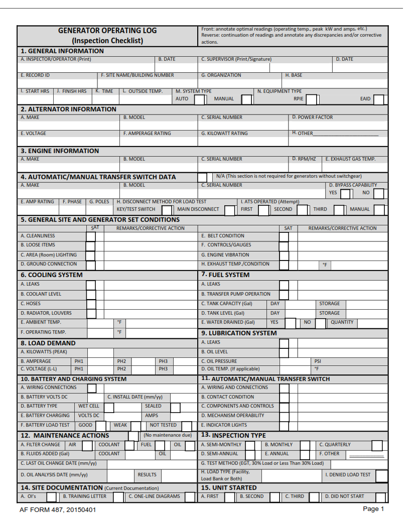 AF Form 487 - Generator Operating Log (Inspection Checklist) Page 1
