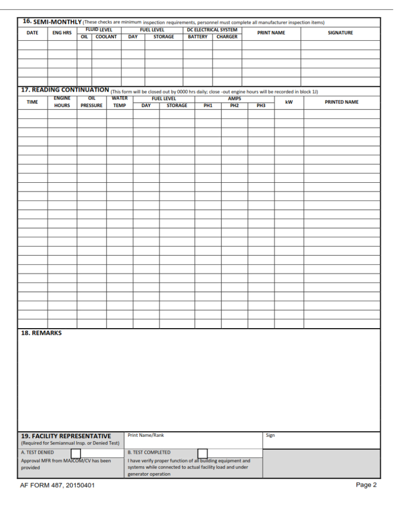 AF Form 487 – Generator Operating Log (Inspection Checklist) | Finder Doc