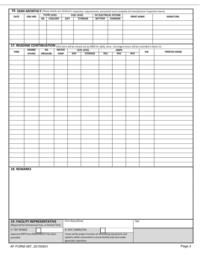 AF Form 487 - Generator Operating Log (Inspection Checklist) Page 2