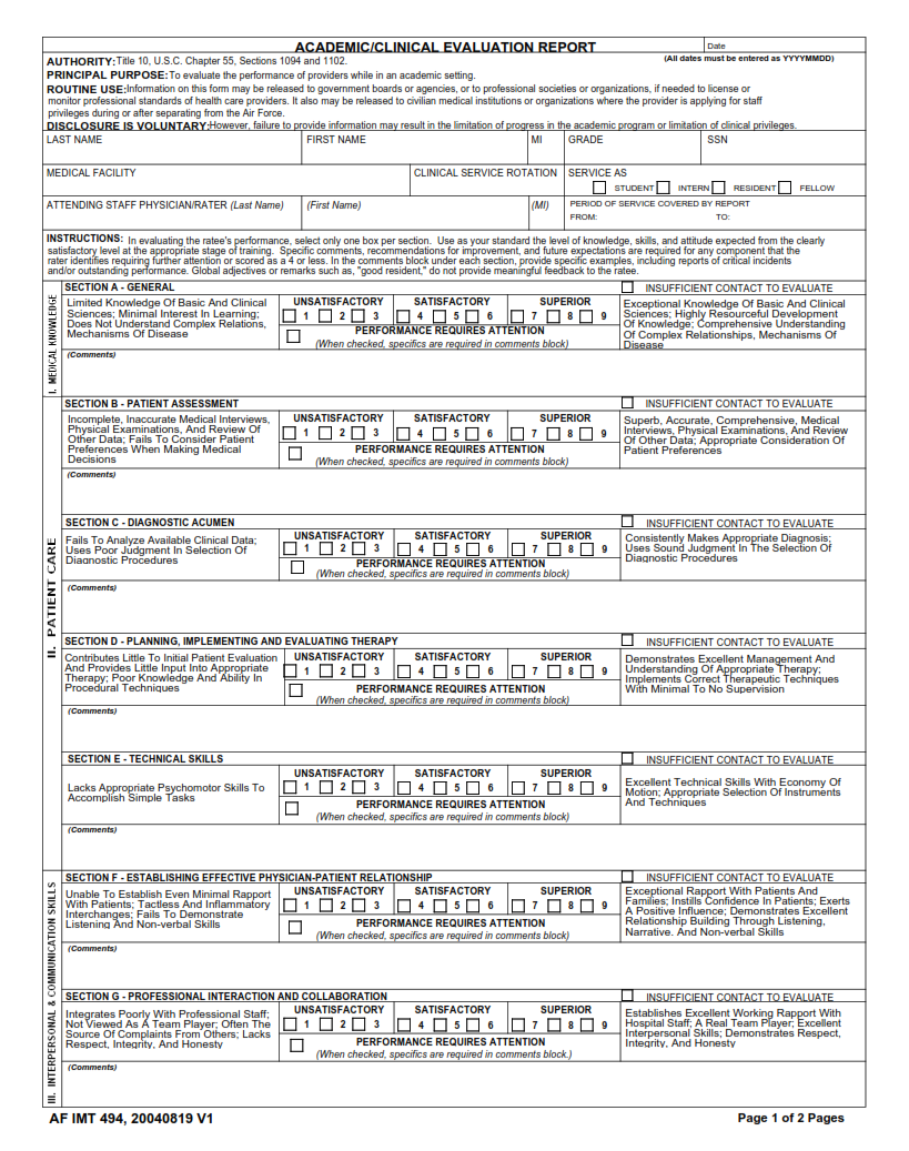 AF Form 494 - Academic Clinical Evaluation Report Page 1