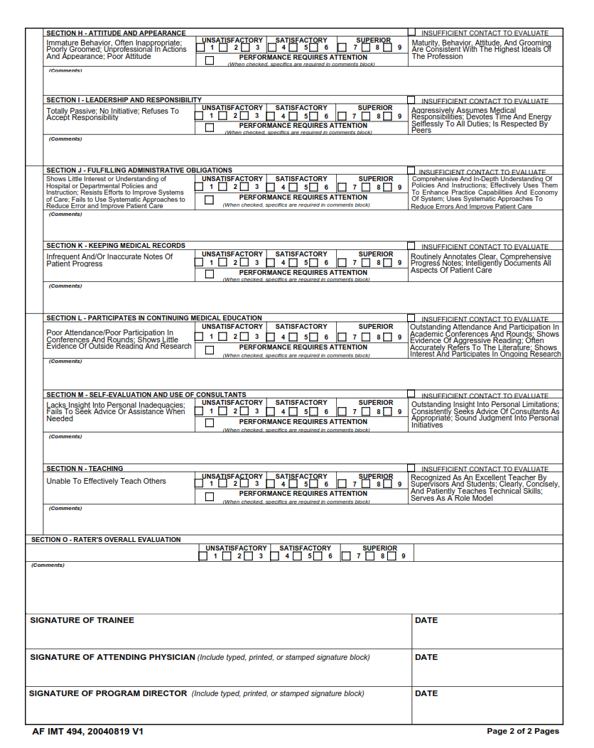 AF Form 494 - Academic Clinical Evaluation Report Page 2