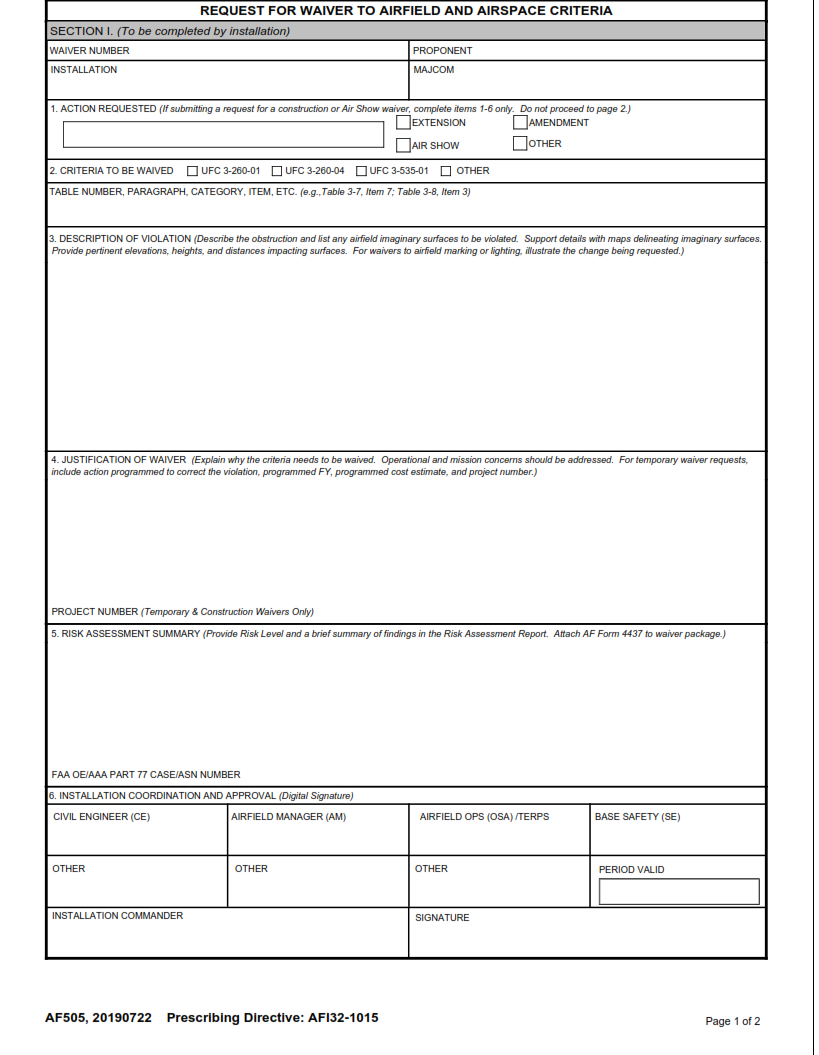AF Form 505 - Request For Waiver To Airfield And Airspace Criteria Page 1