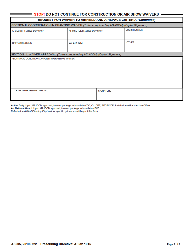 AF Form 505 - Request For Waiver To Airfield And Airspace Criteria Page 2