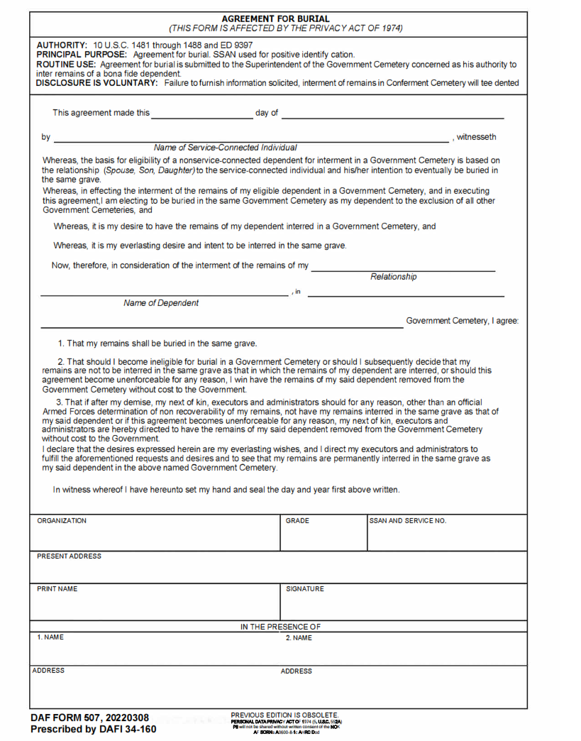 AF Form 507 - Agreement For Burial