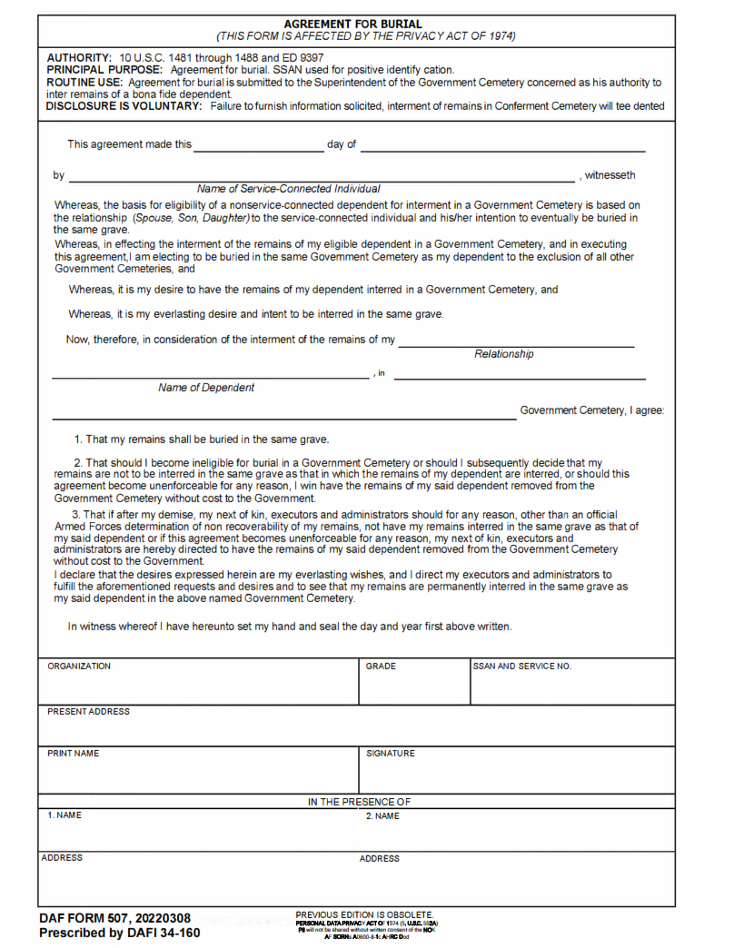 AF Form 507 Agreement For Burial Finder Doc