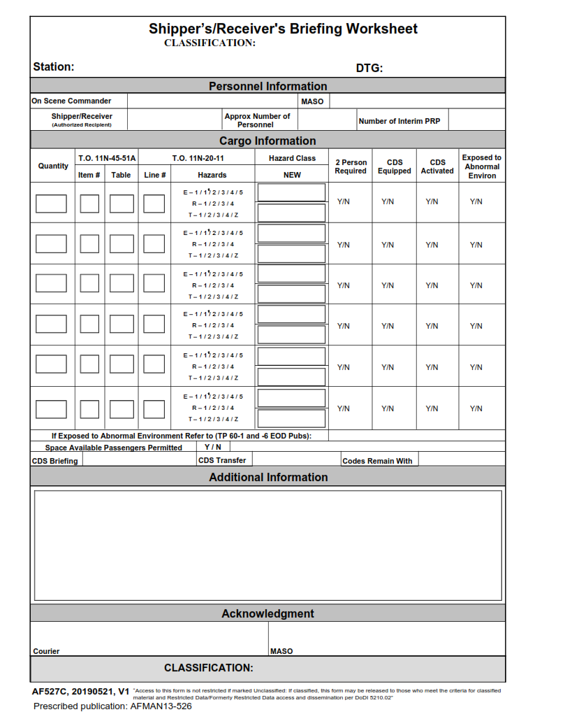 AF Form 527C - Shipper/Receiver's Briefing Worksheet