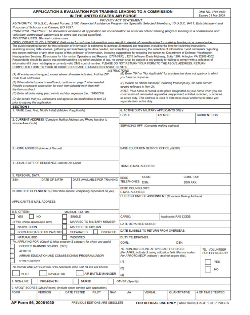 Af Form 56 – Application & Evaluation For Training Leading To A 