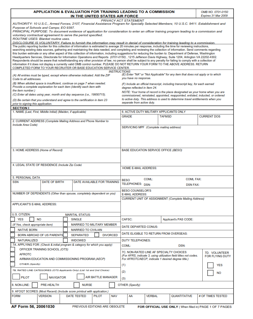 AF Form 56 - Application & Evaluation For Training Leading To A Commission In The United States Air Force Page 1