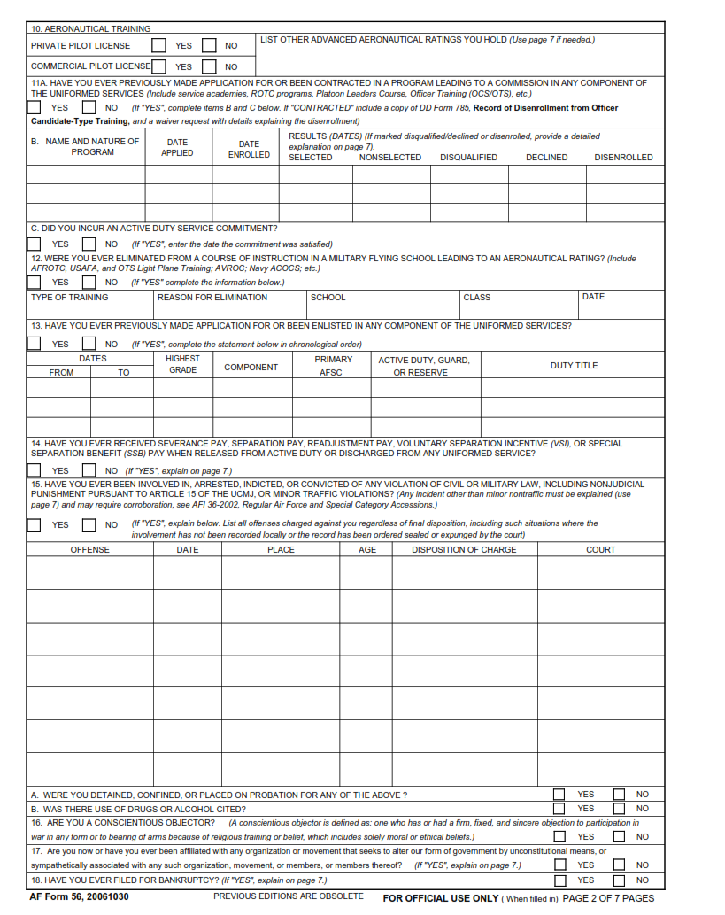 AF Form 56 - Application & Evaluation For Training Leading To A Commission In The United States Air Force Page 2