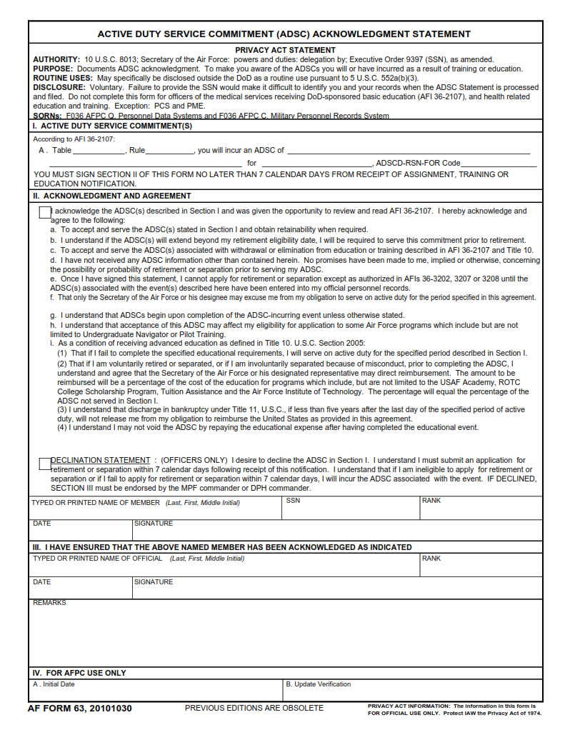AF Form 63 - Active Duty Service Commitment (ADSC) Acknowledgement Statement