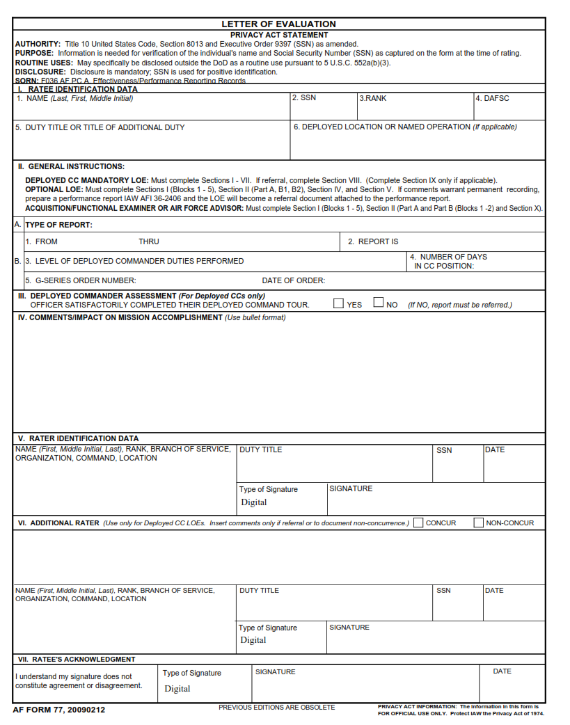 AF Form 77 Letter Of Evaluation Finder Doc