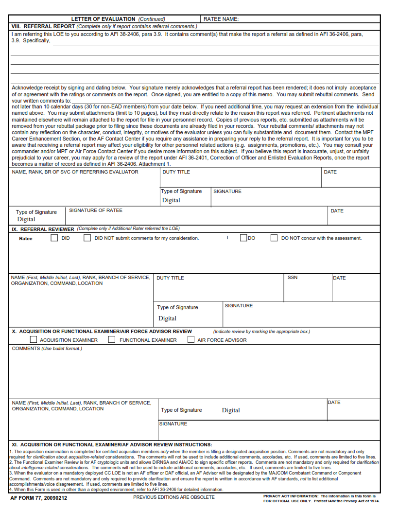 AF Form 77 – Letter Of Evaluation | Finder Doc