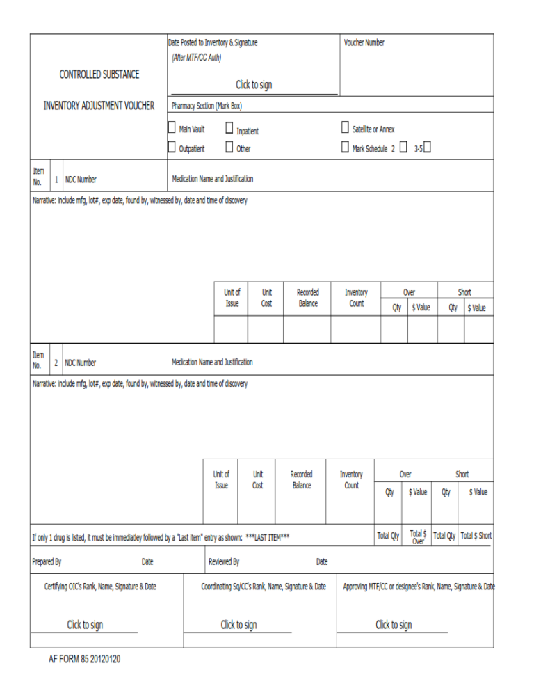 AF Form 85 – Controlled Substance Inventory Adjustment Voucher | Finder Doc