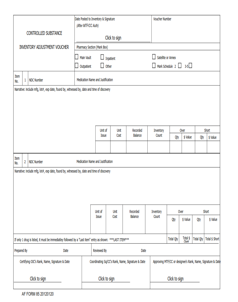 AF Form 85 - Controlled Substance Inventory Adjustment Voucher