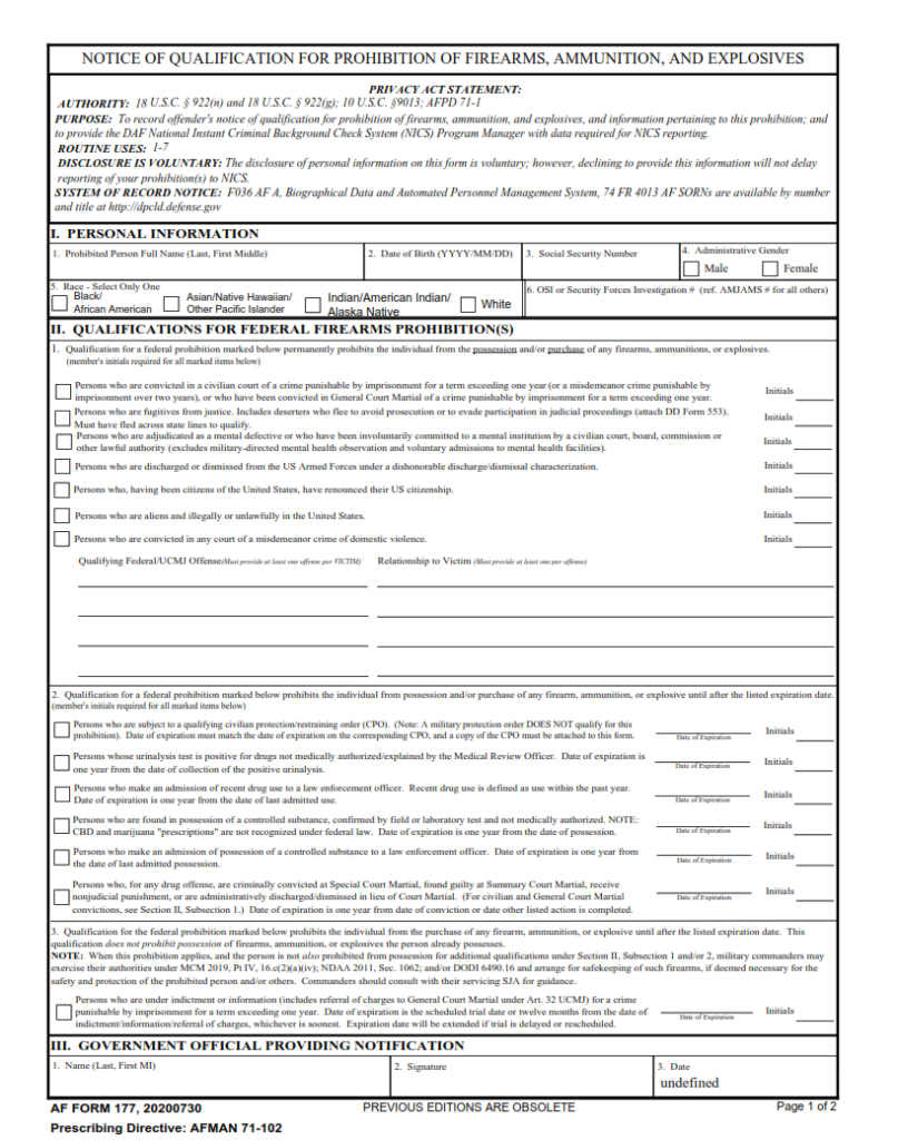 Af Form177 Notification Of Qualification For Prohibition Of Firearms