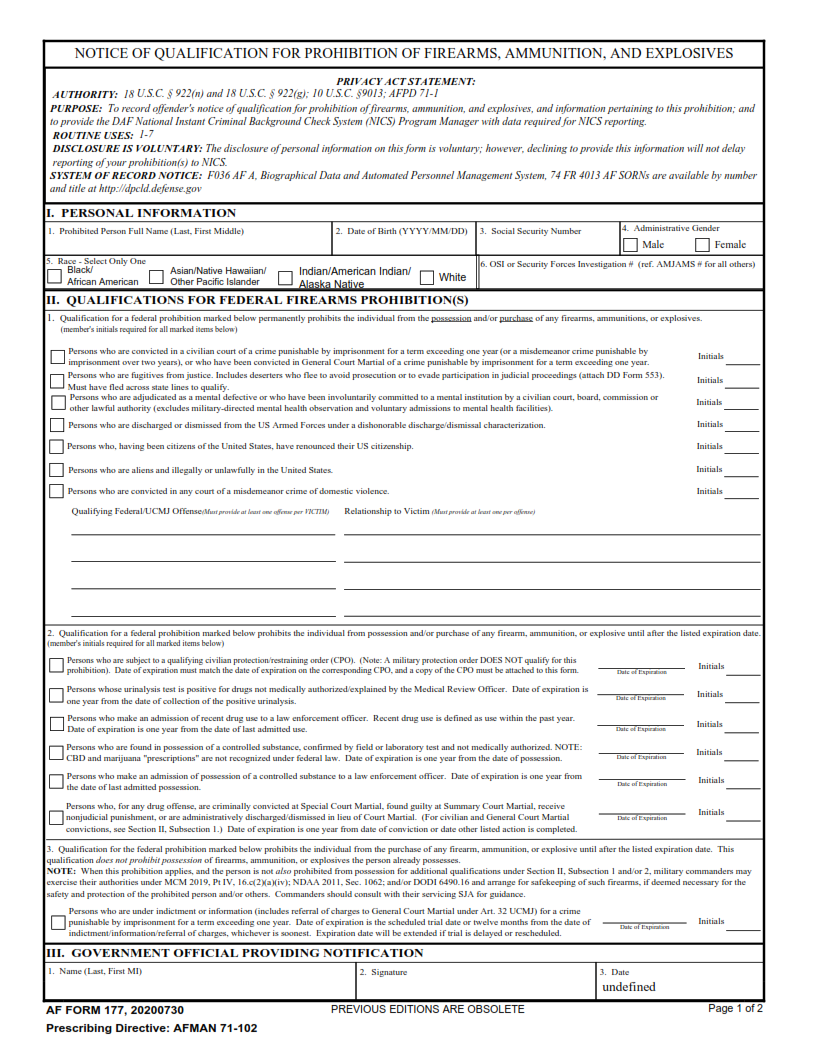 AF Form177 - Notification Of Qualification For Prohibition Of Firearms, Ammunition, And Explosives Page 1
