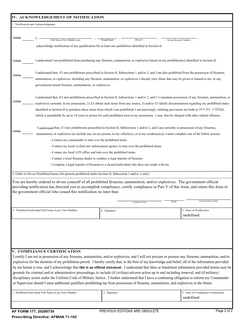 AF Form177 - Notification Of Qualification For Prohibition Of Firearms, Ammunition, And Explosives Page 2