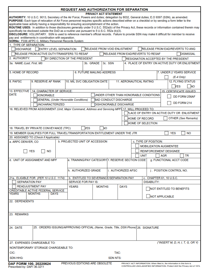 DAF Form 100 - Request And Authorization For Separation Page 1