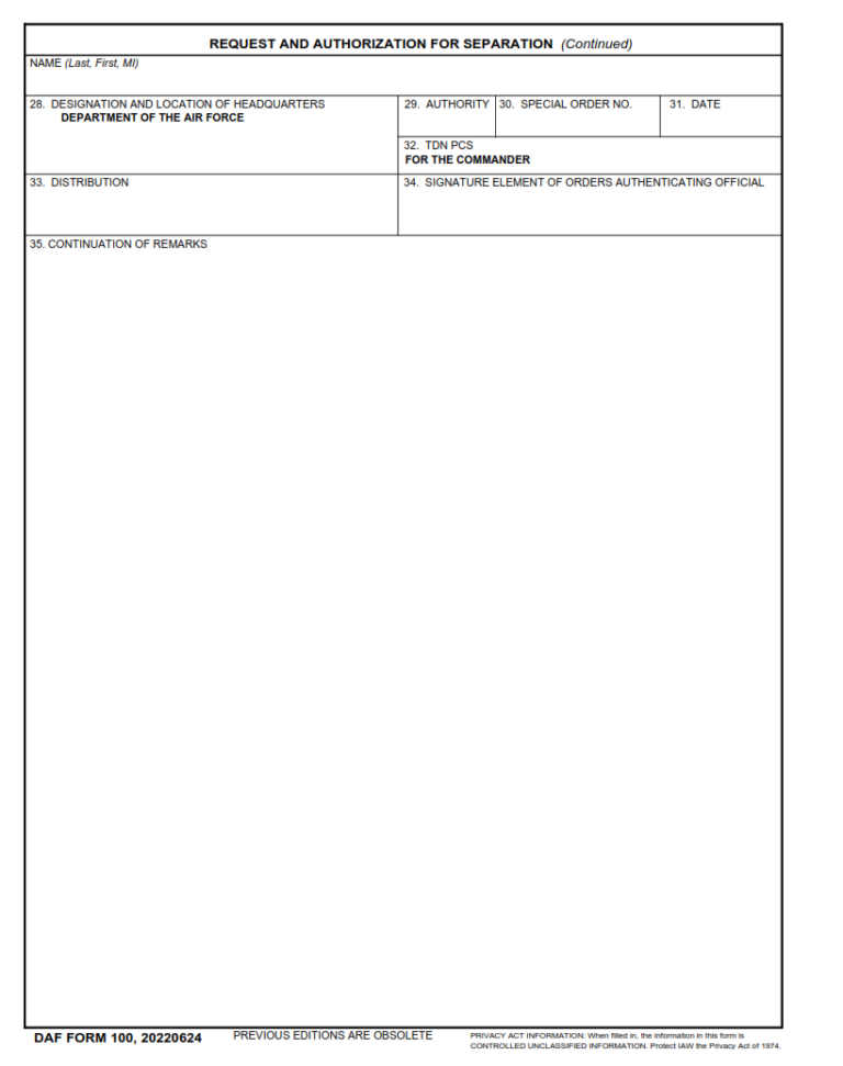 DAF Form 100 – Request And Authorization For Separation | Finder Doc