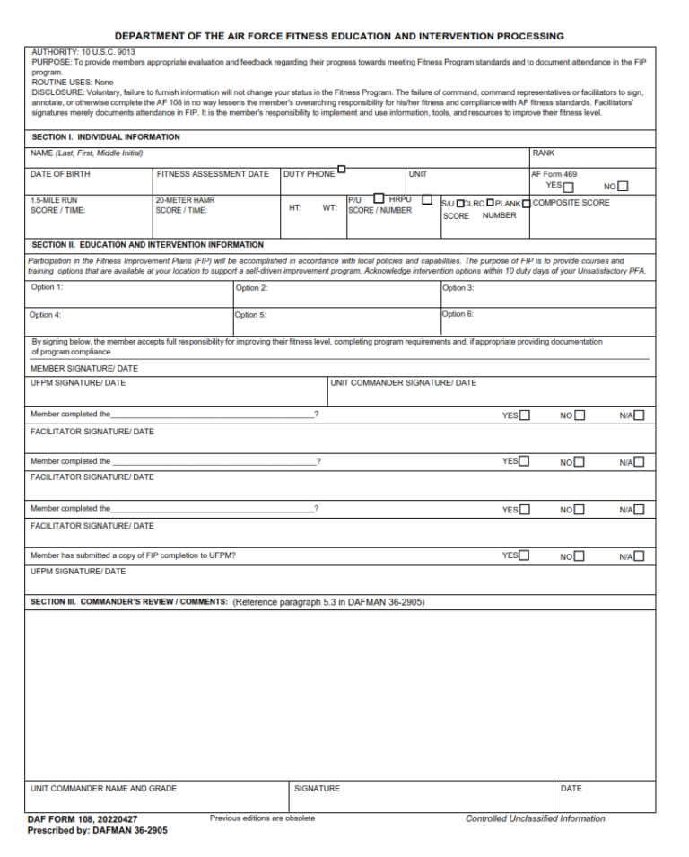 DAF Form 108 – Department Of The Air Force Fitness Education And ...