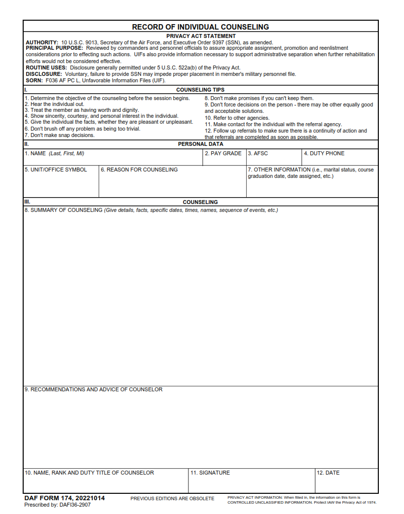 DAF Form 174 - Record Of Individual Counseling Page 1