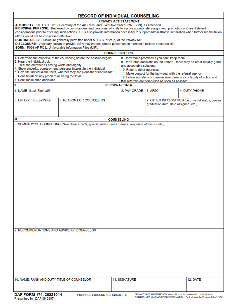 DAF Form 174 Record Of Individual Counseling Finder Doc