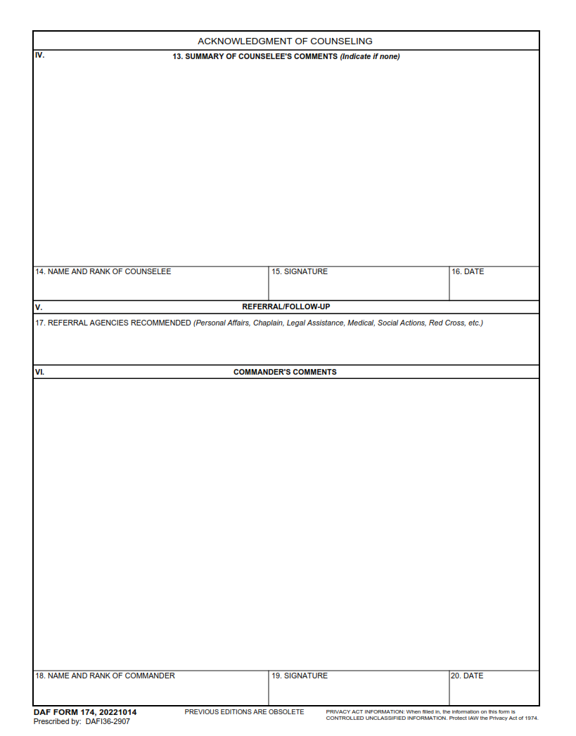 DAF Form 174 - Record Of Individual Counseling Page 2