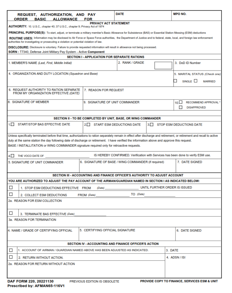 DAF Form 220 – Request, Authorization, And Pay Order Basic Allowance ...