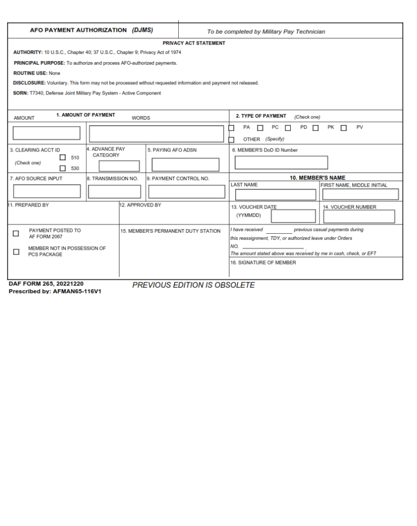 DAF Form 265 Afo Payment Authorization JUMPS Finder Doc
