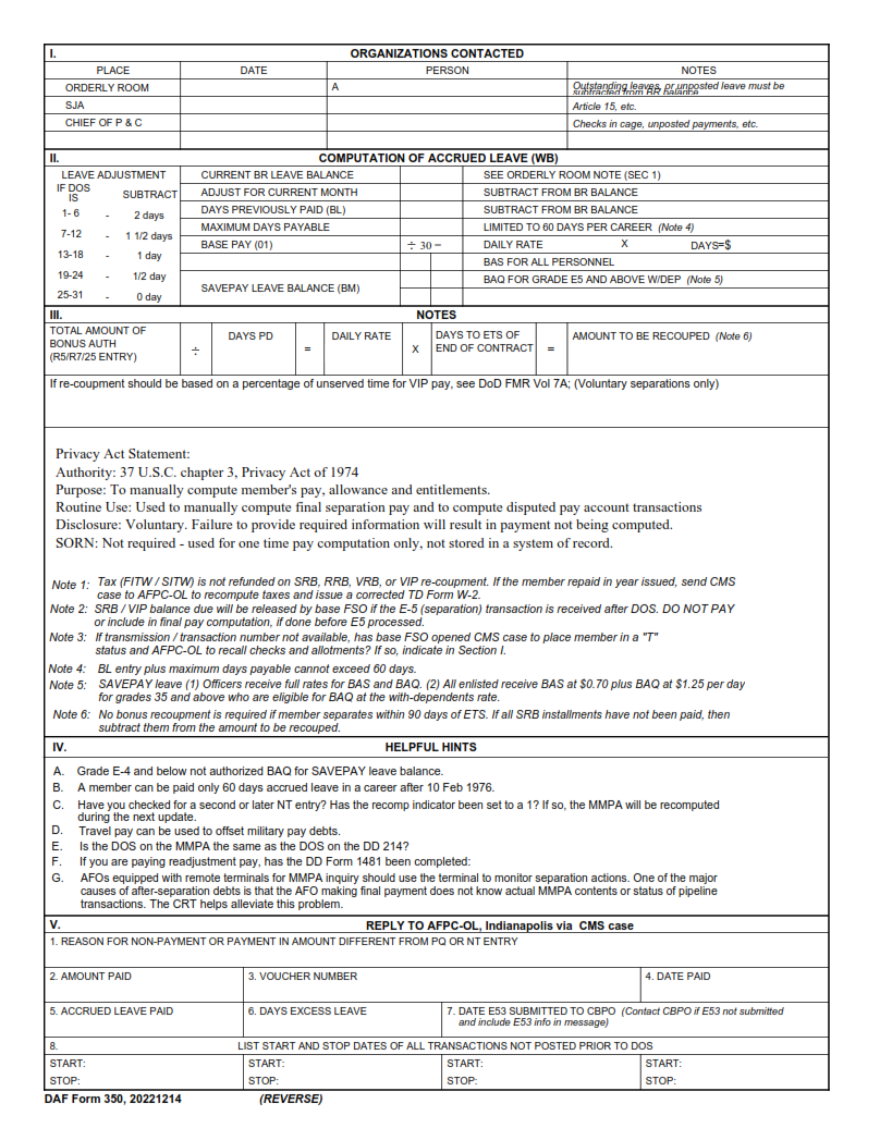DAF Form 350 - Separation Pay Worksheet Page 2