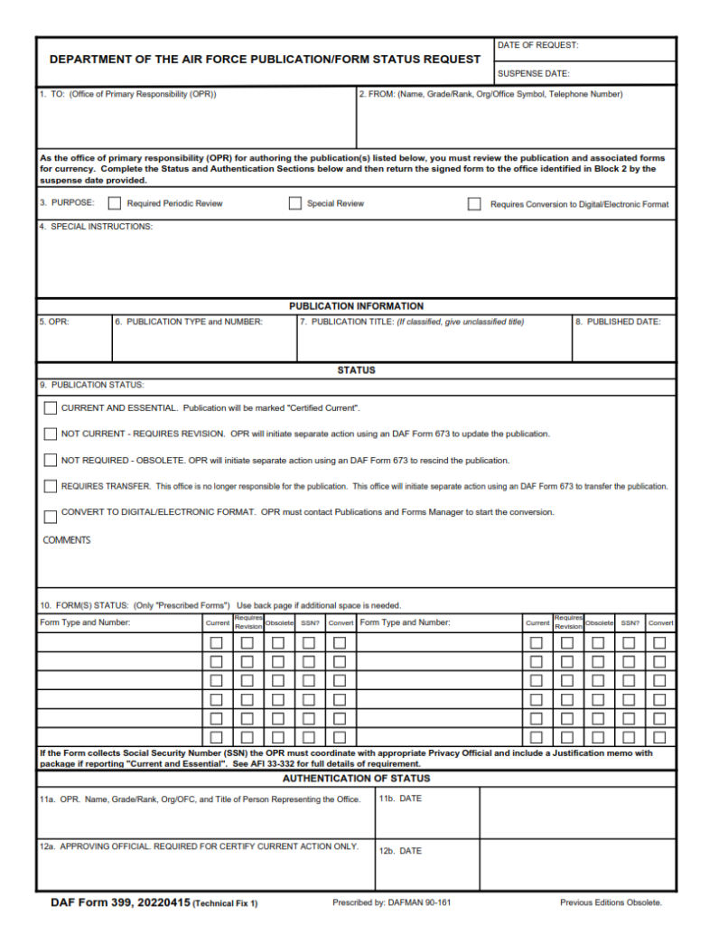 DAF Form 399 – Department of the Air Force Publication/Form Status ...