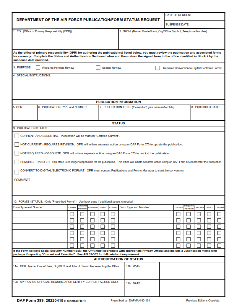 DAF Form 399 - Department of the Air Force Publication Form Status Request Page 1