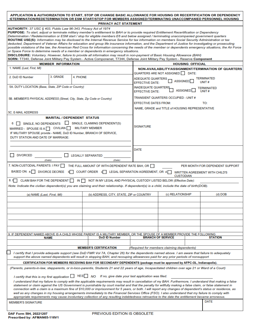 DAF Form 594 - Application And Authorization To Start, Stop Or Change Basic Allowance For Quarters (BAQ) Or Dependency Redetermination Page 1