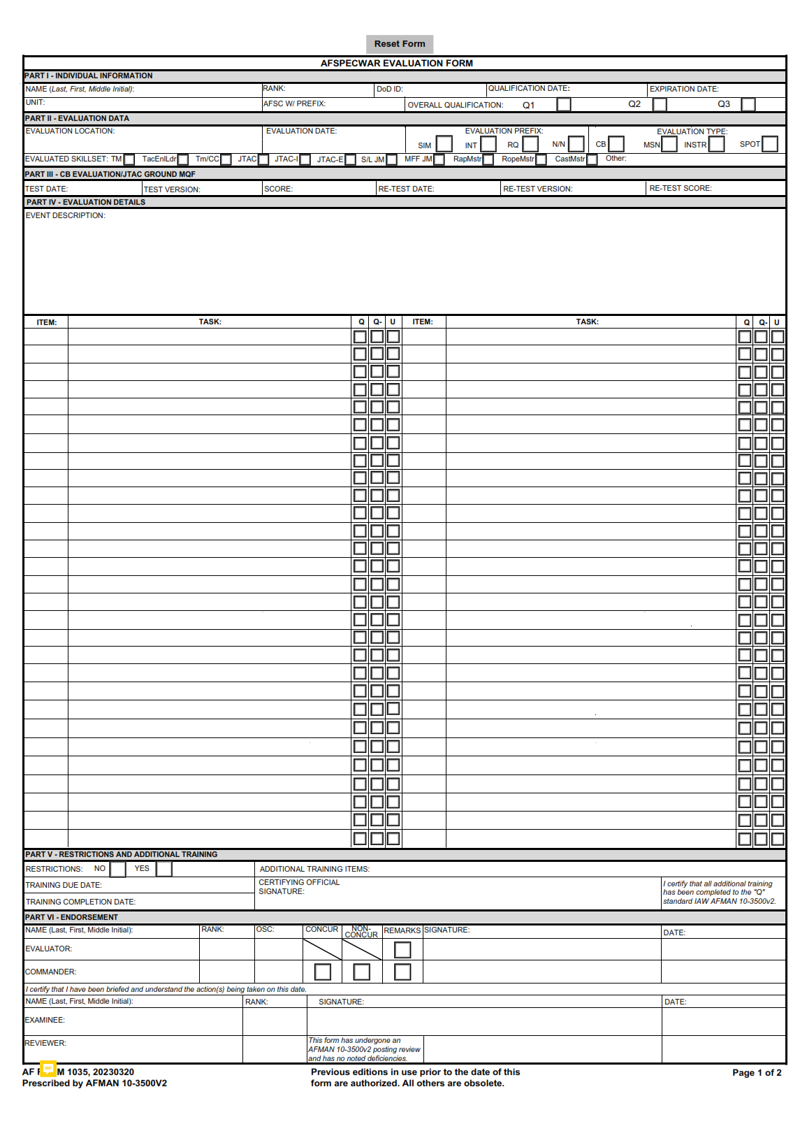 AF 1035 Form Afspecwar Evaluation Form Finder Doc