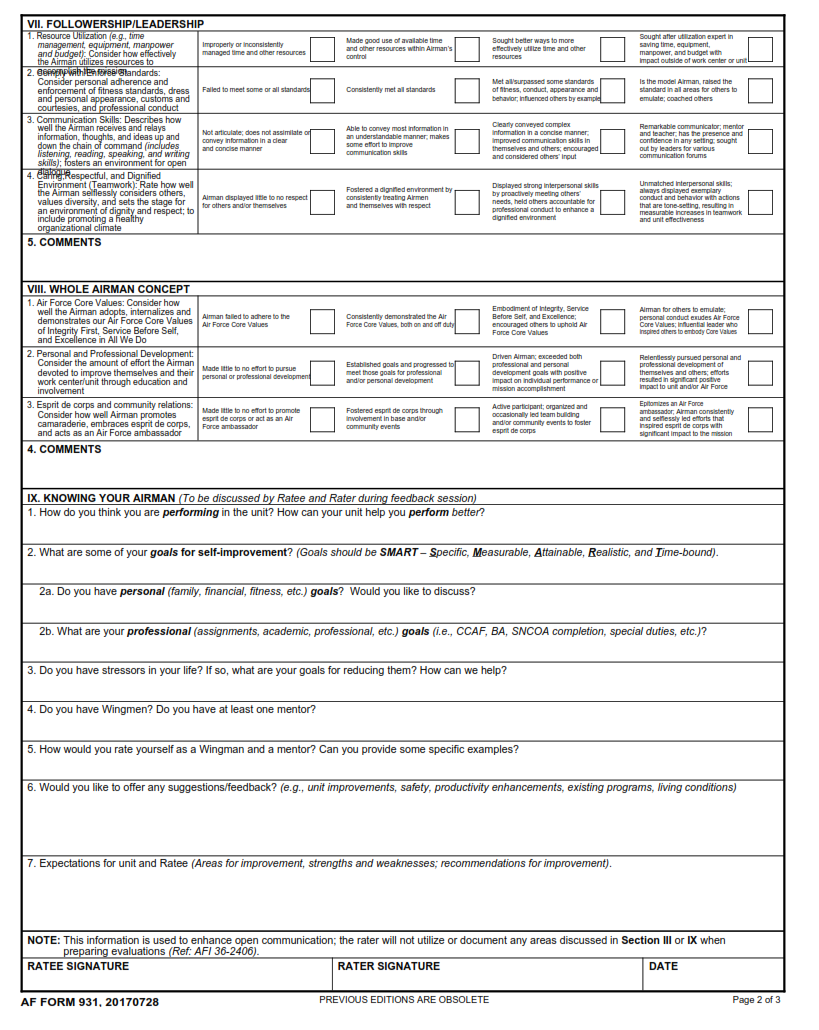 AF 931 Form - Airman Comprehensive Assessment (Ab Thru Tsgt) Part 2