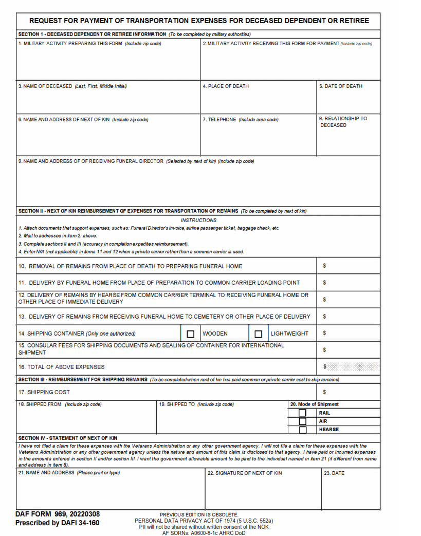 AF 969 Form - Request For Payment Of Transportation Expenses For Deceased Dependent Or Retiree