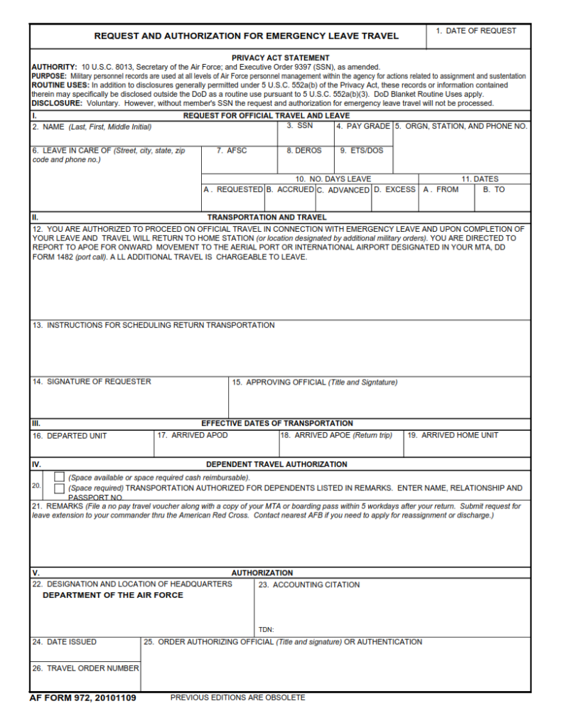 AF 972 Form – Request And Authorization For Emergency Leave Travel ...