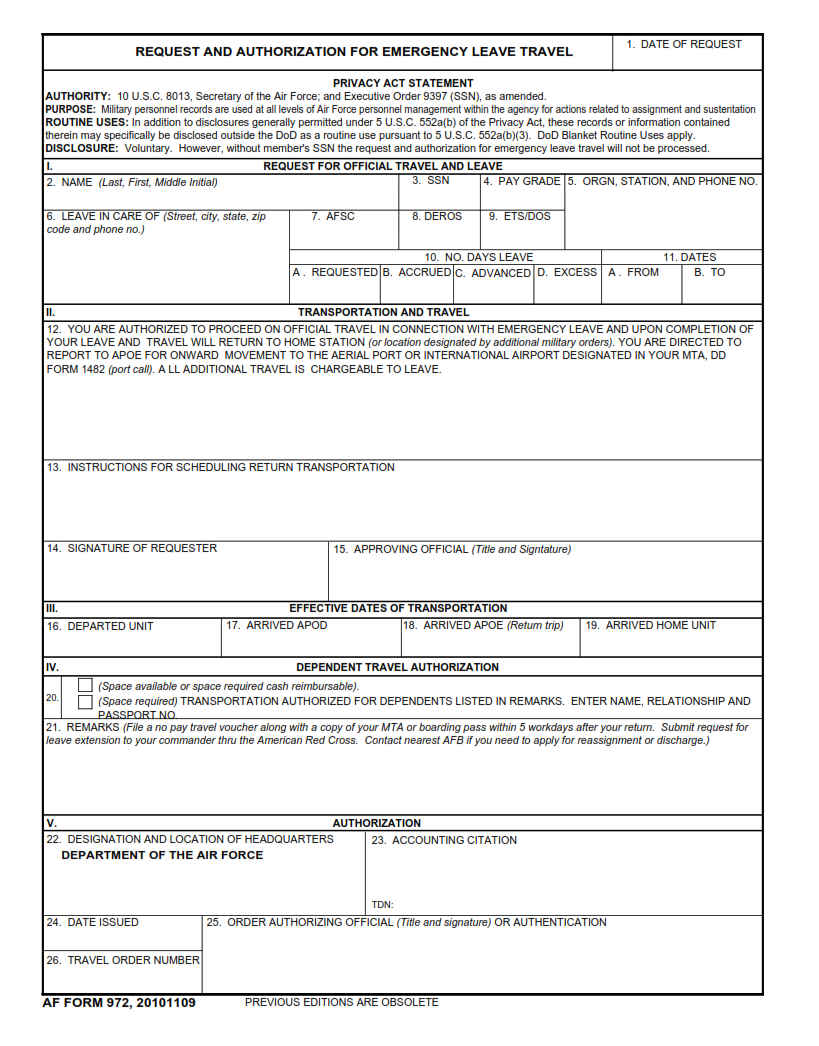 AF 972 Form - Request And Authorization For Emergency Leave Travel