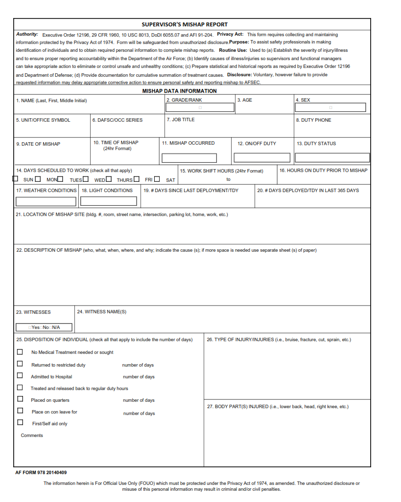 AF 978 Form - Supervisor Mishap Report part 1