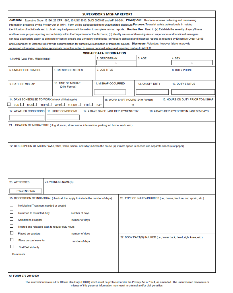AF 978 Form Supervisor Mishap Report Finder Doc