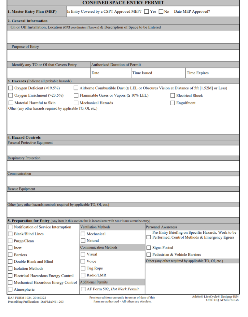 AF Form 1024 Confined Spaces Entry Permit Finder Doc