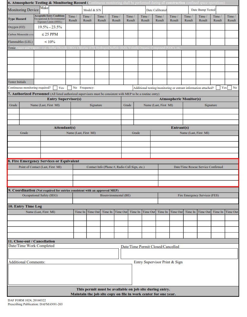 AF Form 1024 - Confined Spaces Entry Permit Part 2
