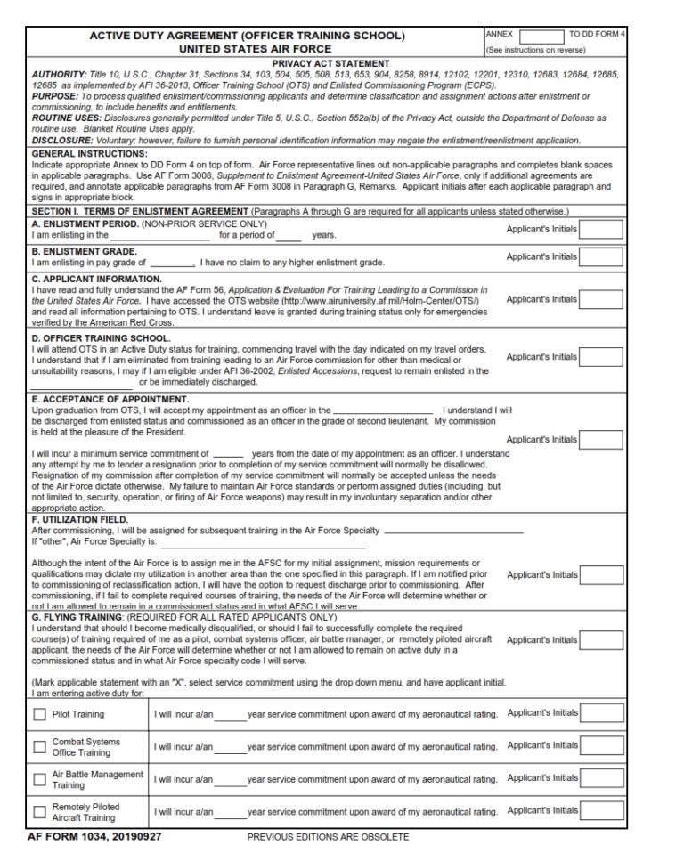 Af Form 1034 Active Duty Agreement Officer Training School United